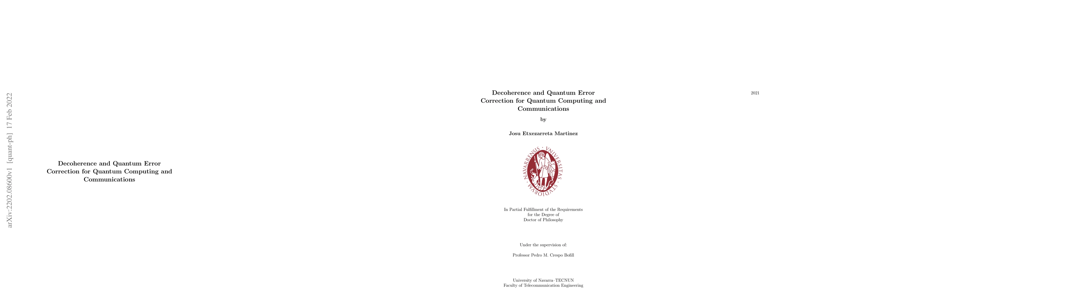 Thumbnail for Decoherence and Quantum Error Correction for Quantum Computing and
  Communications