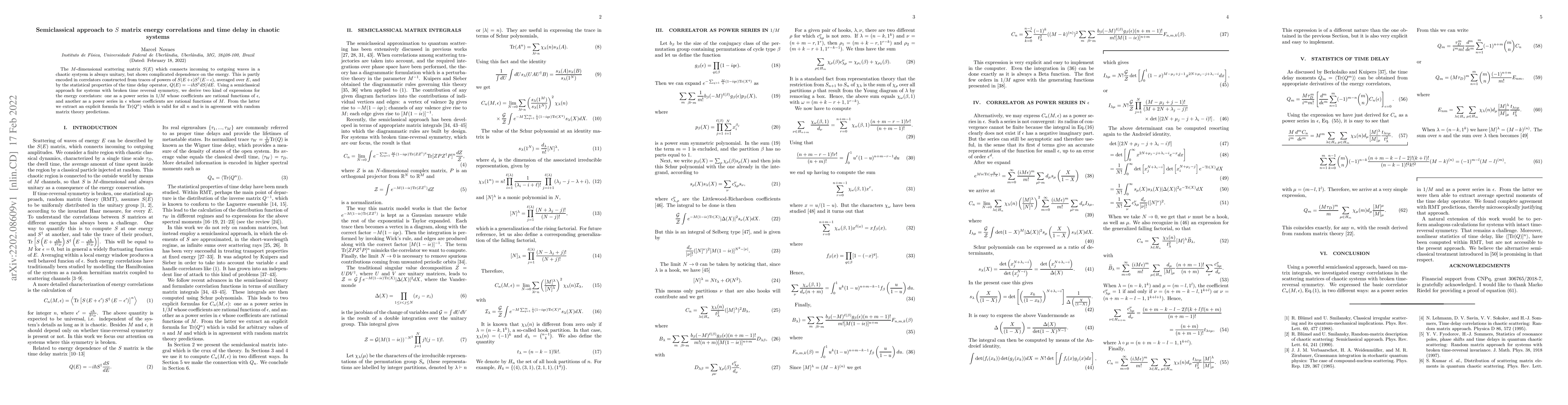 Thumbnail for Semiclassical approach to $S$ matrix energy correlations and time delay
  in chaotic systems