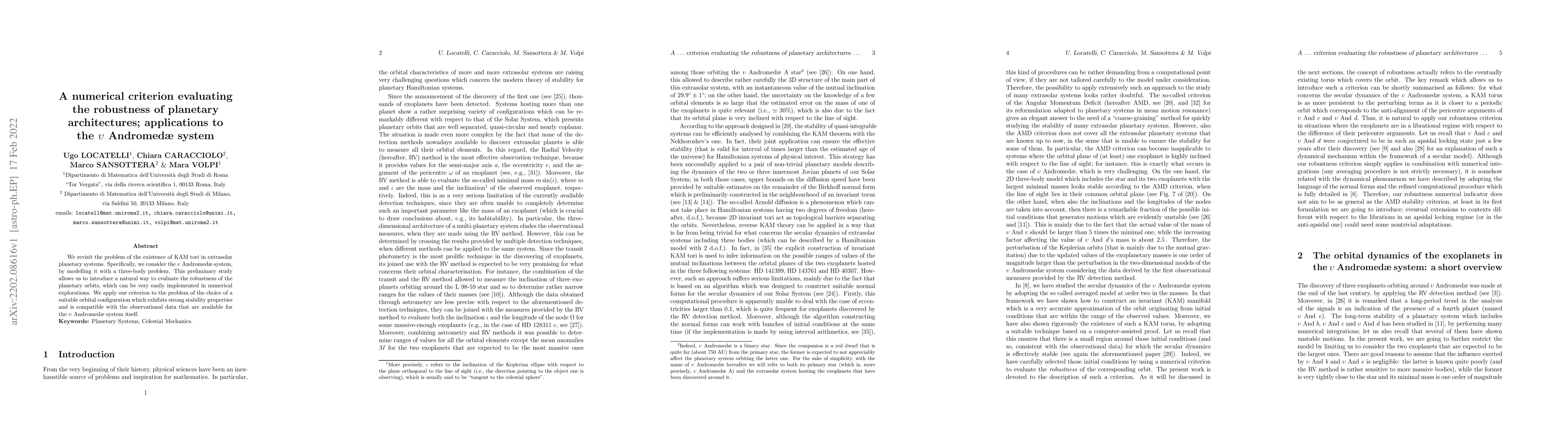 Thumbnail for A numerical criterion evaluating the robustness of planetary
  architectures; applications to the $\upsilon$ Andromed{\ae} system