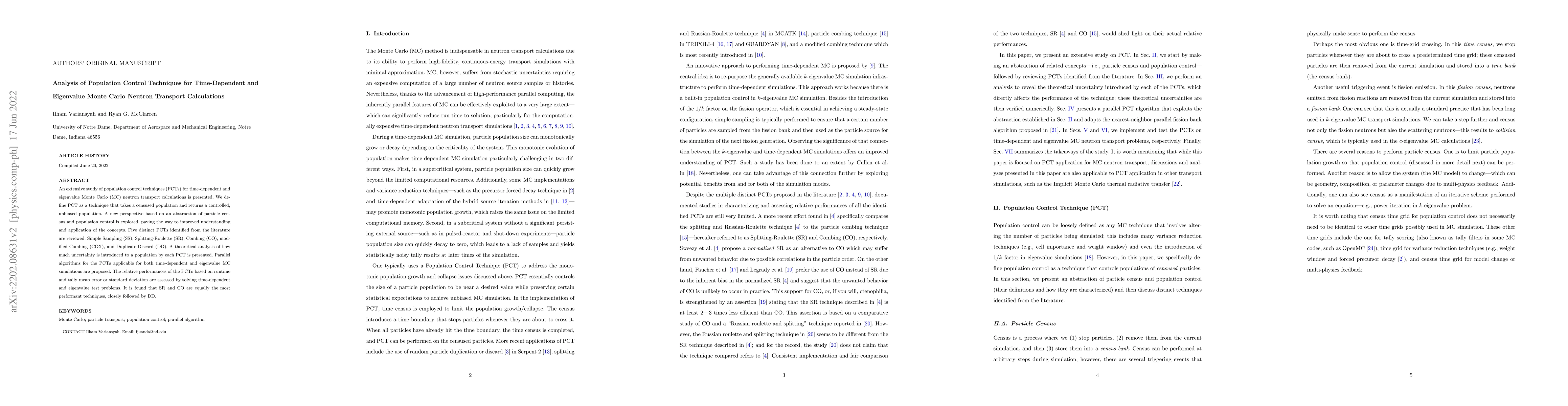 Thumbnail for Analysis of Population Control Techniques for Time-Dependent and
  Eigenvalue Monte Carlo Neutron Transport Calculations
