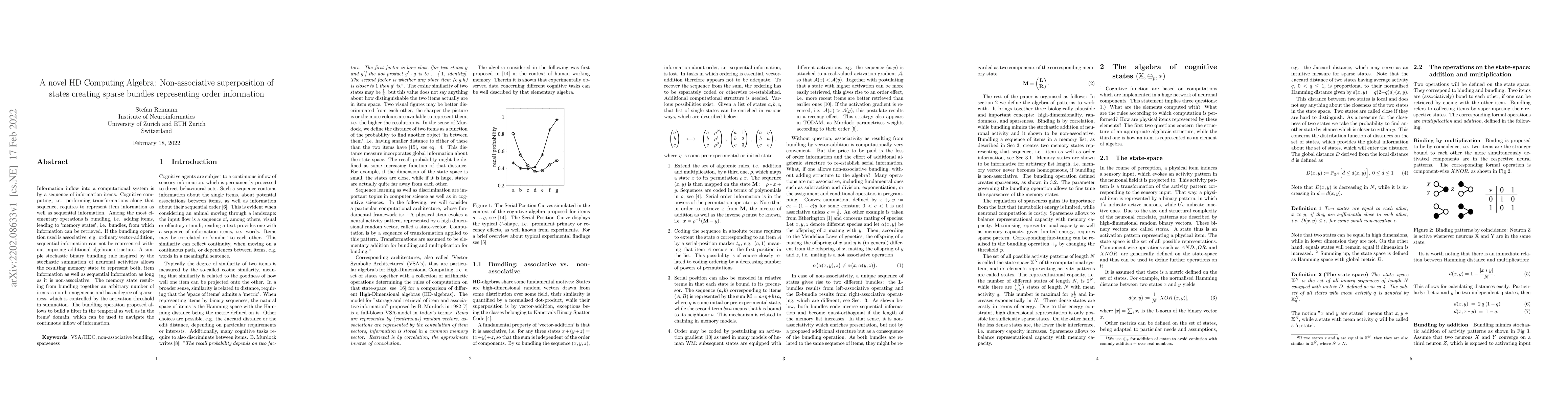 Thumbnail for A novel HD Computing Algebra: Non-associative superposition of states
  creating sparse bundles representing order information