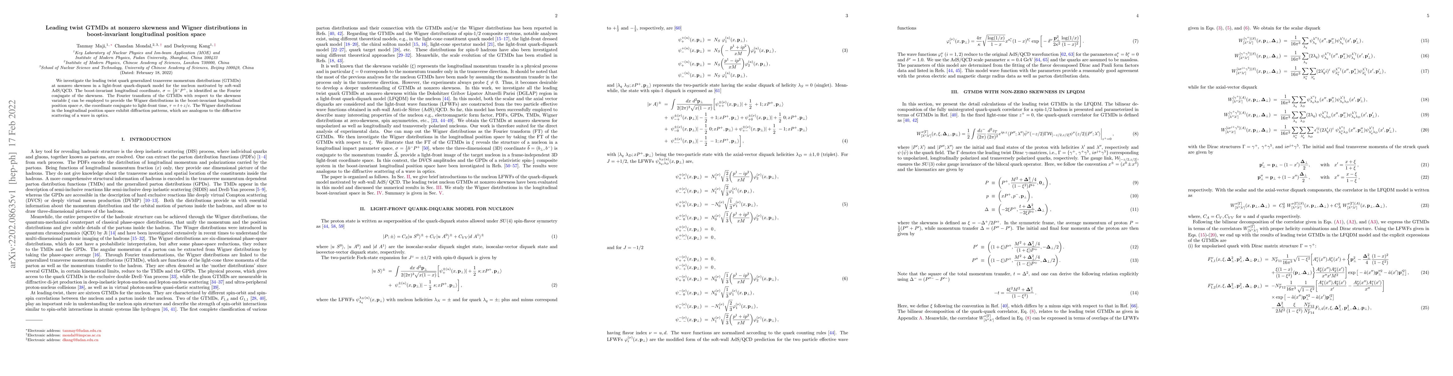 Thumbnail for Leading twist GTMDs at nonzero skewness and Wigner distributions in
  boost-invariant longitudinal position space