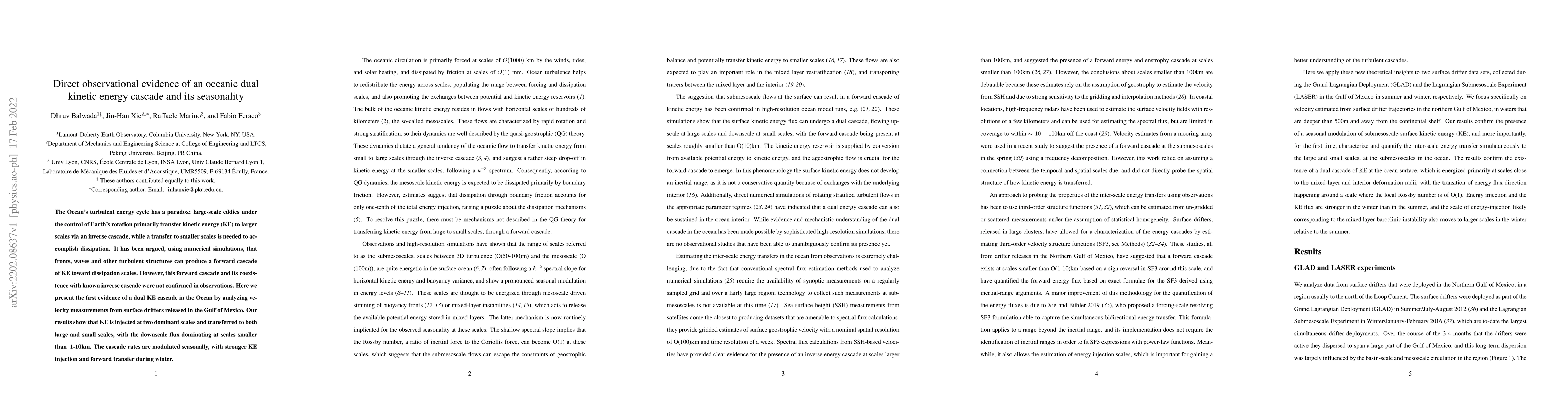 Thumbnail for Direct observational evidence of an oceanic dual kinetic energy cascade
  and its seasonality