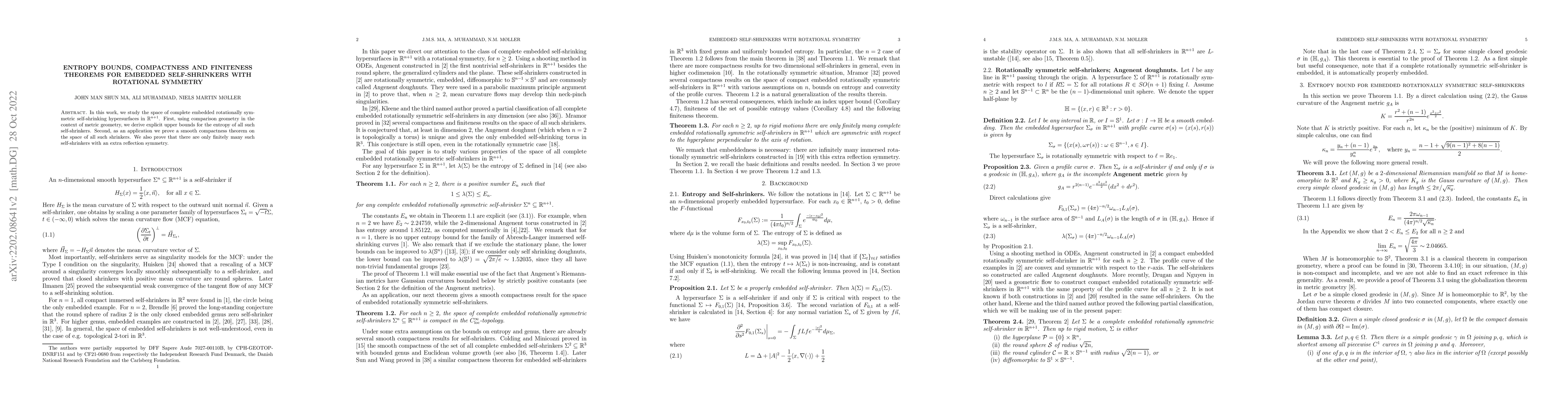 Thumbnail for Entropy Bounds, Compactness and Finiteness Theorems for Embedded
  Self-shrinkers with Rotational Symmetry
