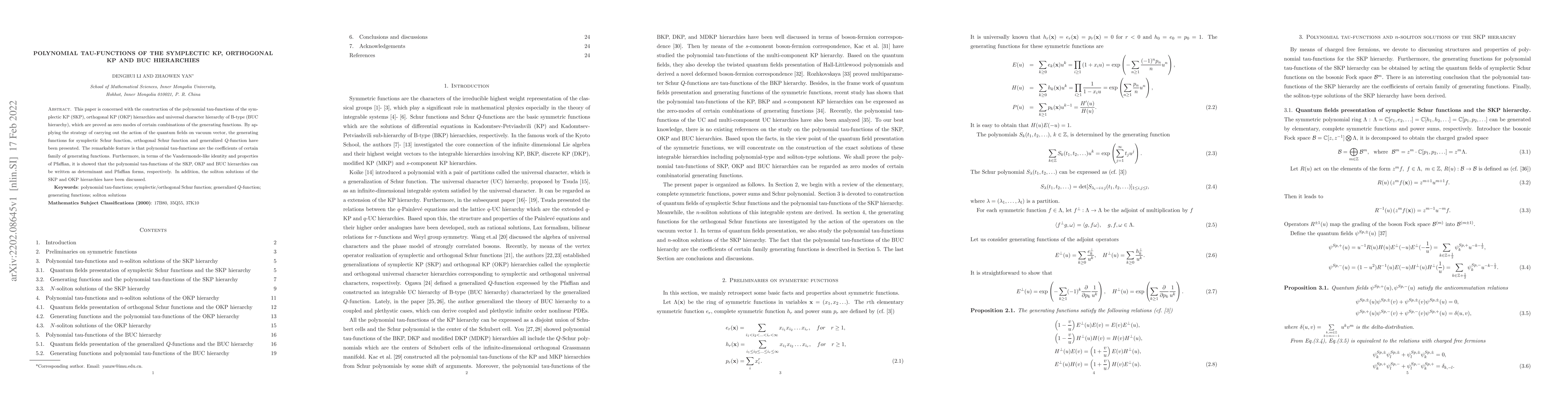 Thumbnail for Polynomial tau-functions of the symplectic KP, orthogonal KP and BUC
  hierarchies