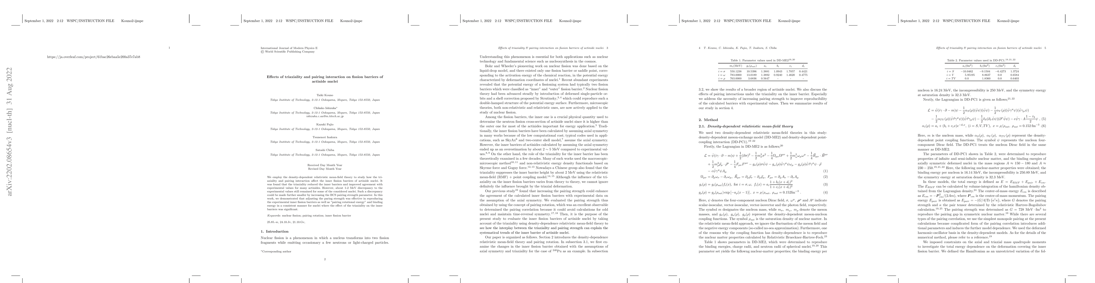 Thumbnail for Effects of triaxiality and pairing interaction on fission barriers of
  actinide nuclei studied by density-dependence relativistic mean-field theory