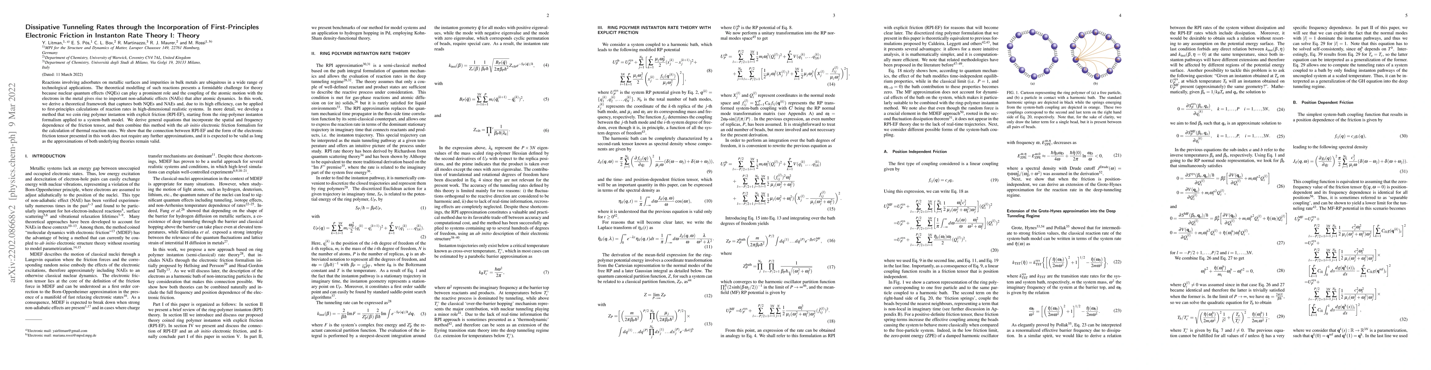 Thumbnail for Dissipative Tunneling Rates through the Incorporation of
  First-Principles Electronic Friction in Instanton Rate Theory I: Theory