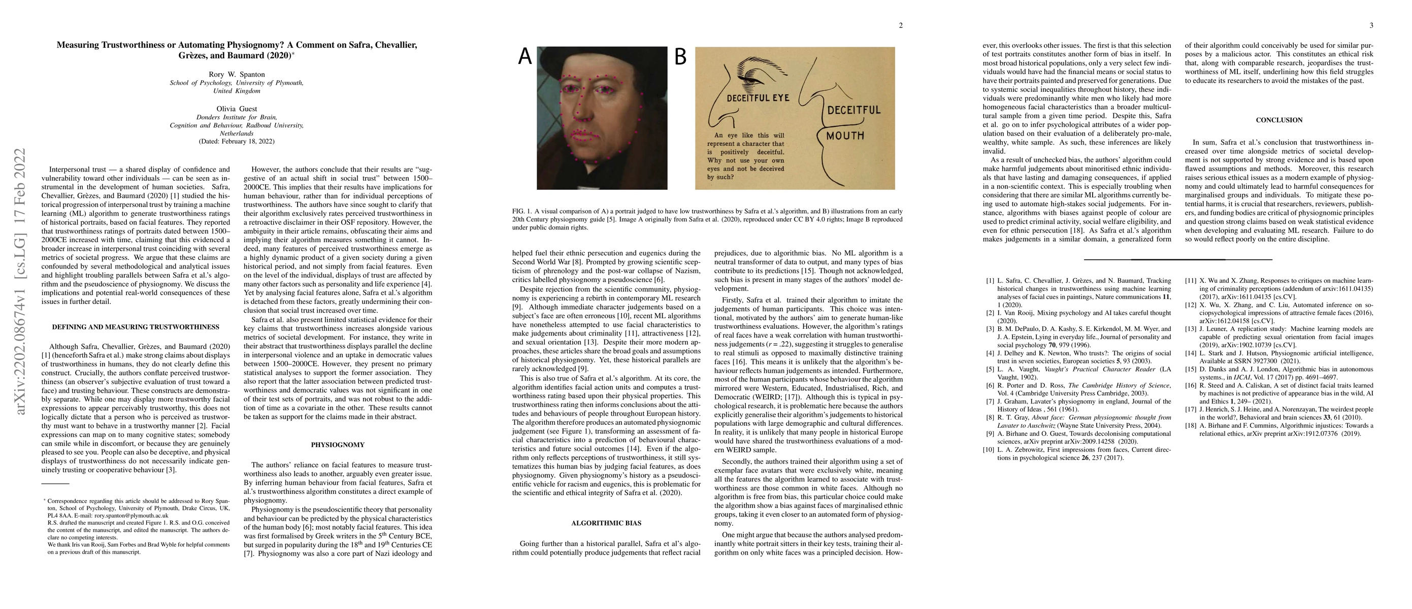 Thumbnail for Measuring Trustworthiness or Automating Physiognomy? A Comment on Safra,
  Chevallier, Gr\`ezes, and Baumard (2020)