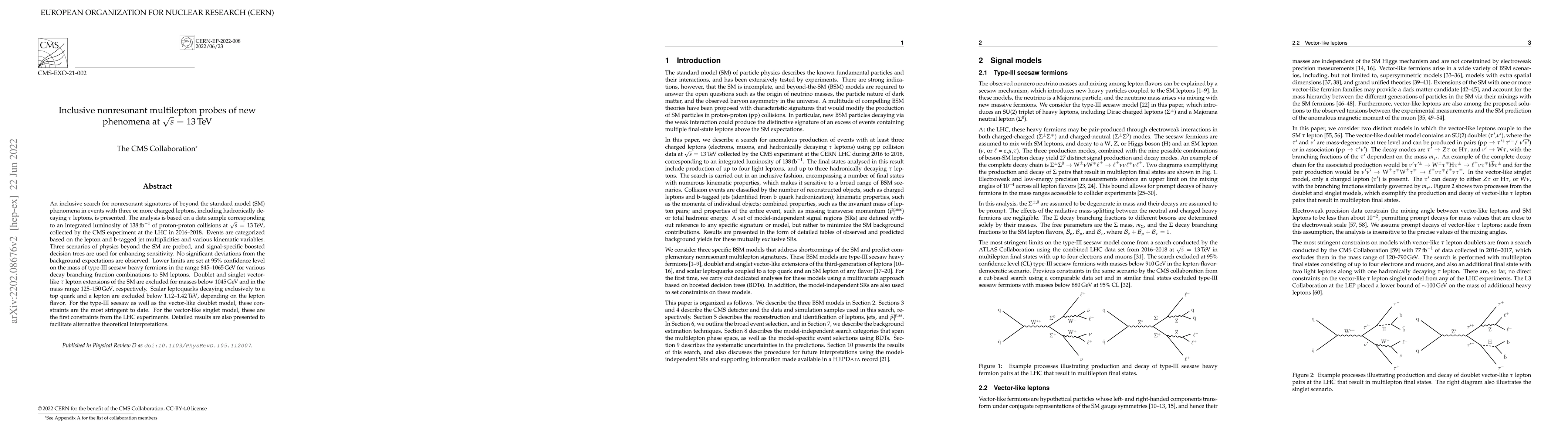 Thumbnail for Inclusive nonresonant multilepton probes of new phenomena at $\sqrt{s}
  =$ 13 TeV