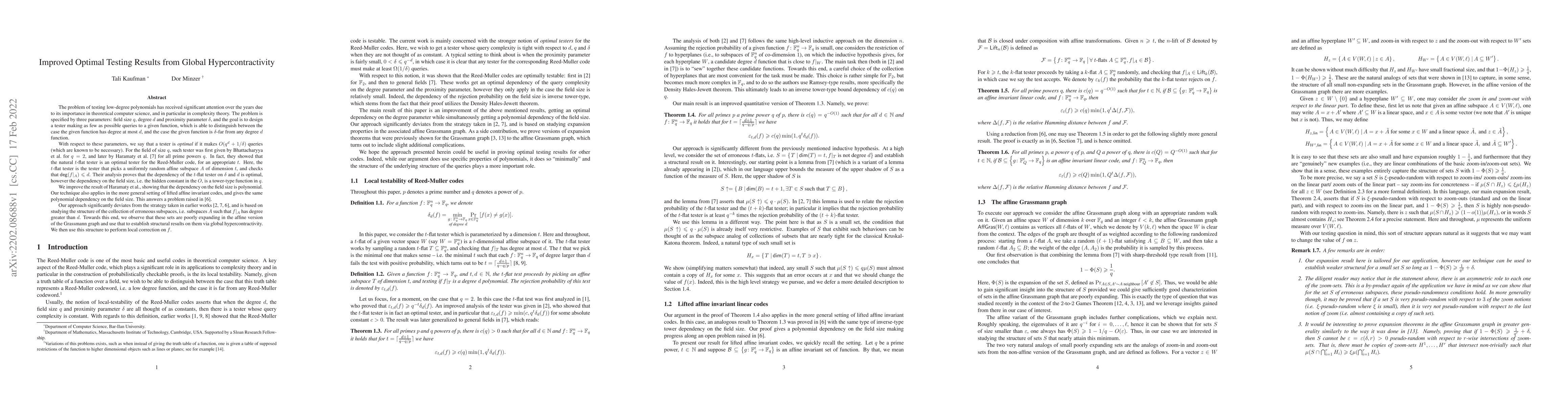Thumbnail for Improved Optimal Testing Results from Global Hypercontractivity