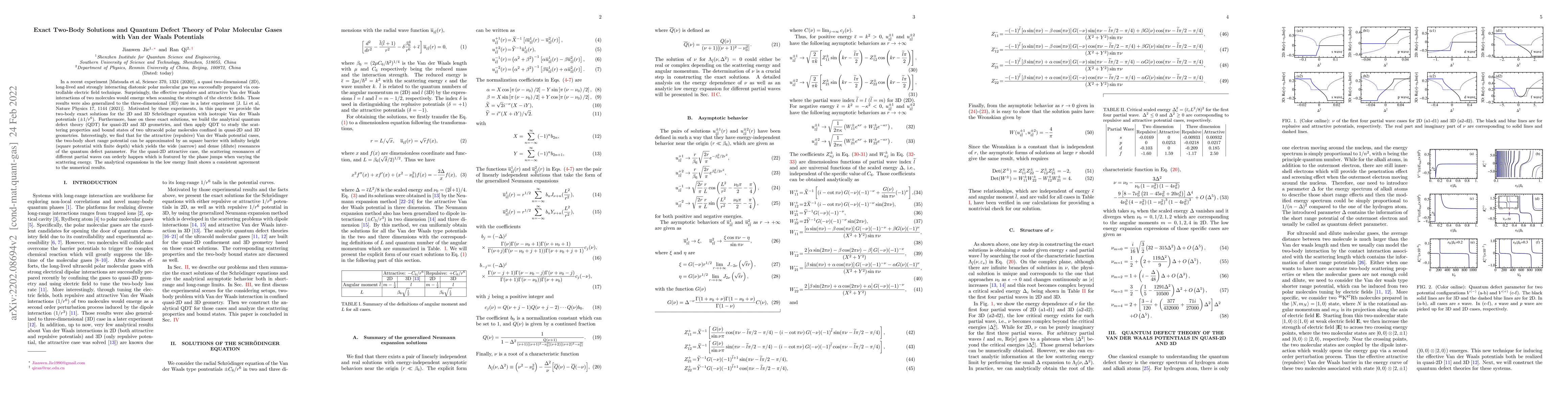 Thumbnail for Exact Two-Body Solutions and Quantum Defect Theory of Polar Molecular
  Gases with Van der Waals Potentials
