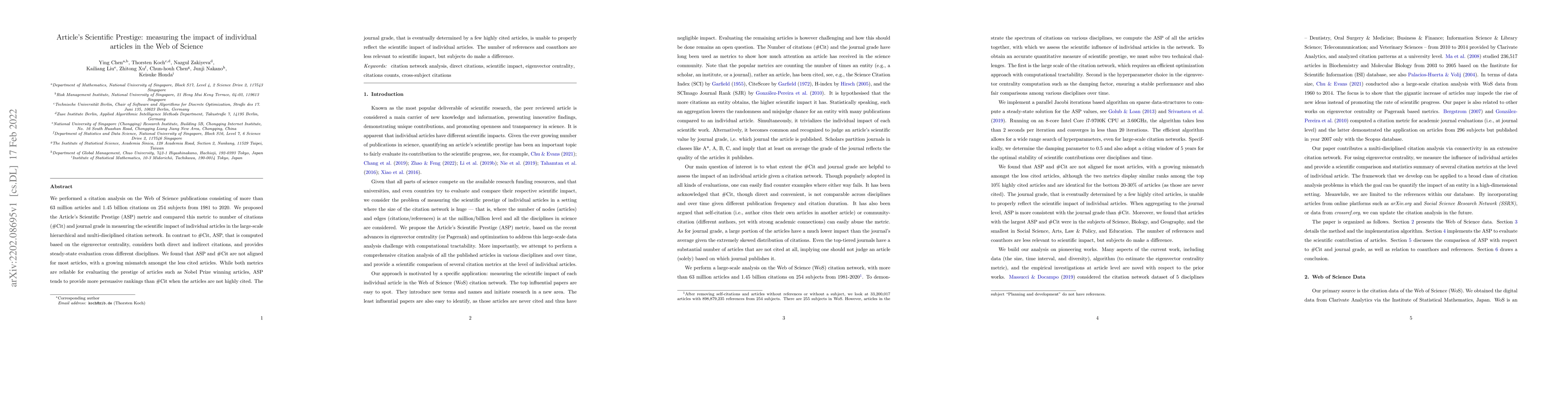 Thumbnail for Article's Scientific Prestige: measuring the impact of individual
  articles in the Web of Science