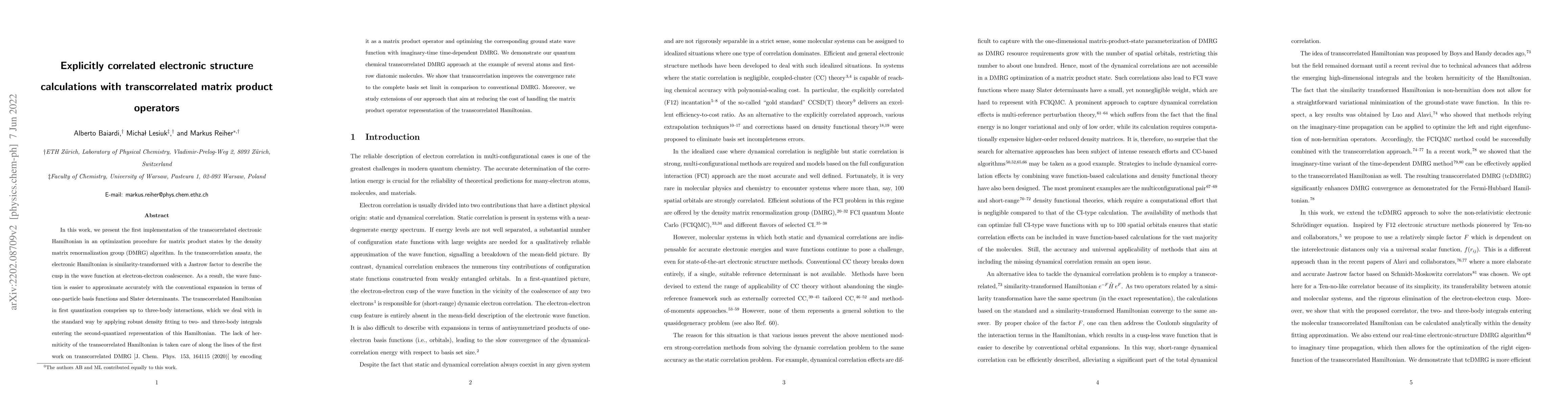 Thumbnail for Explicitly correlated electronic structure calculations with
  transcorrelated matrix product operators