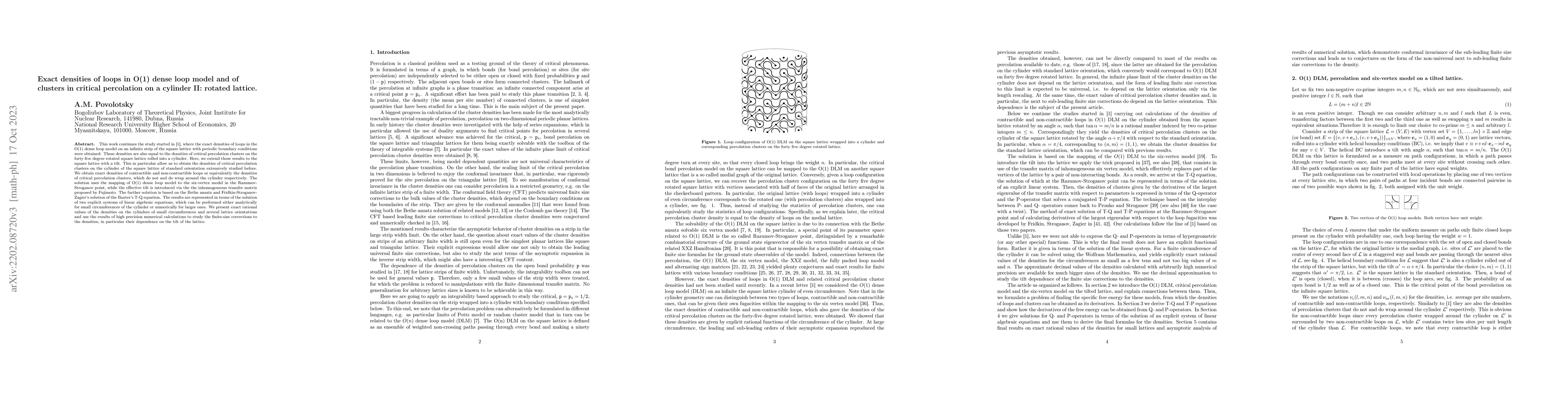 Thumbnail for Exact densities of loops in O(1) dense loop model and of clusters in
  critical percolation on a cylinder II: rotated lattice