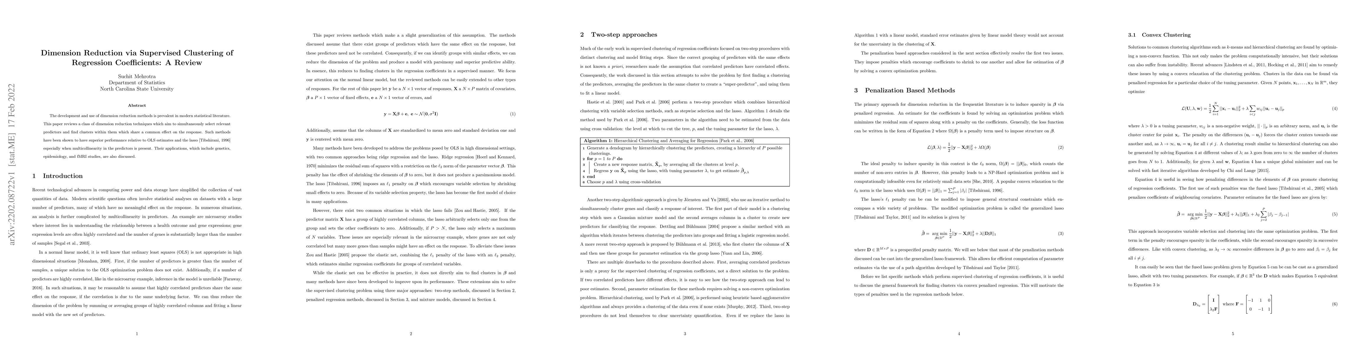 Thumbnail for Dimension Reduction via Supervised Clustering of Regression
  Coefficients: A Review