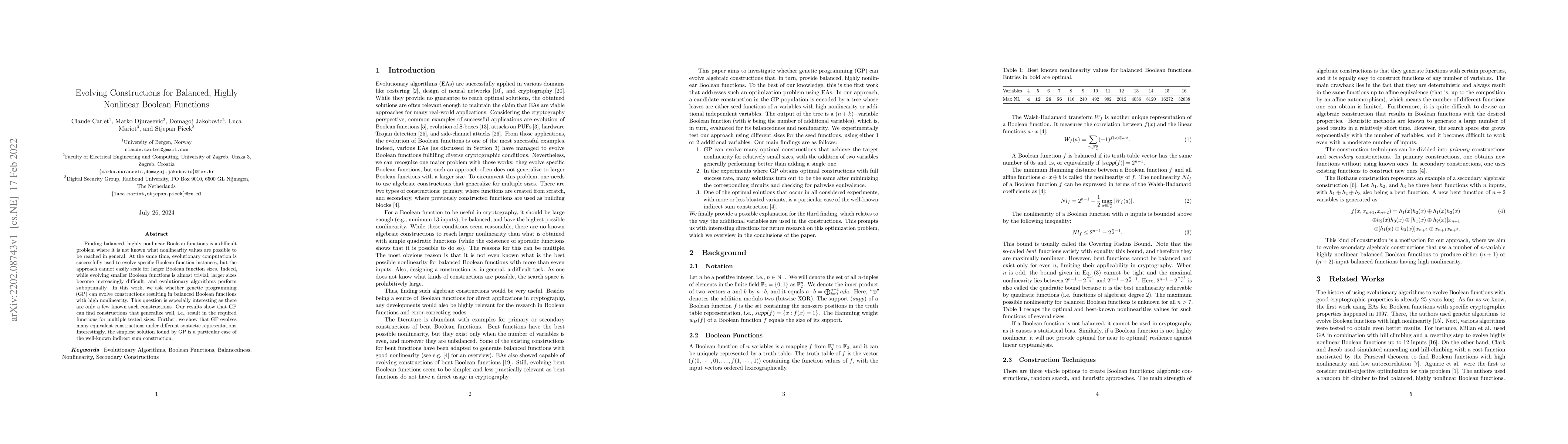 Thumbnail for Evolving Constructions for Balanced, Highly Nonlinear Boolean Functions
