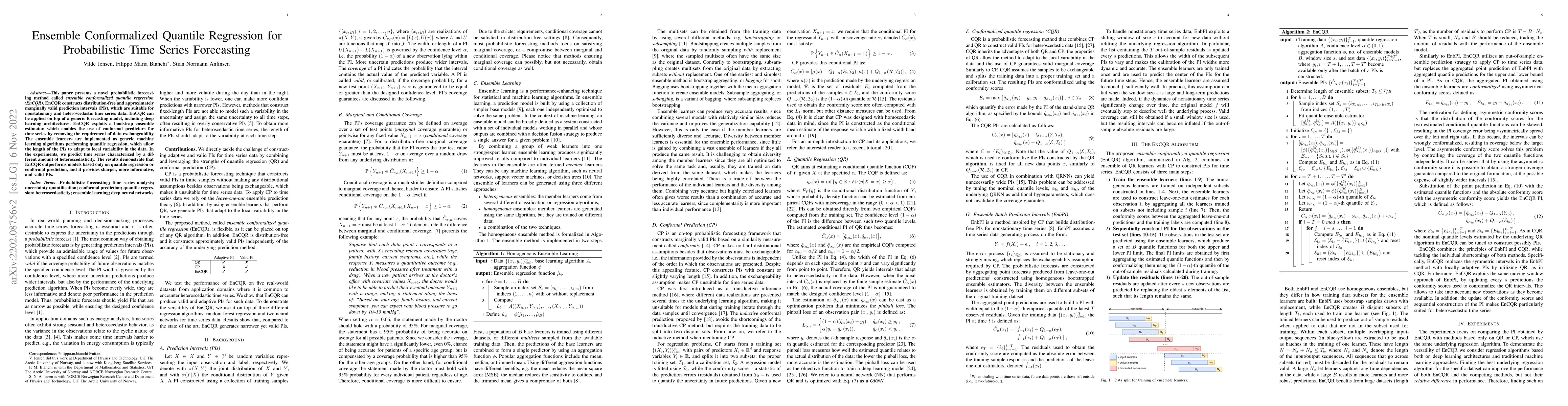 Thumbnail for Ensemble Conformalized Quantile Regression for Probabilistic Time Series
  Forecasting