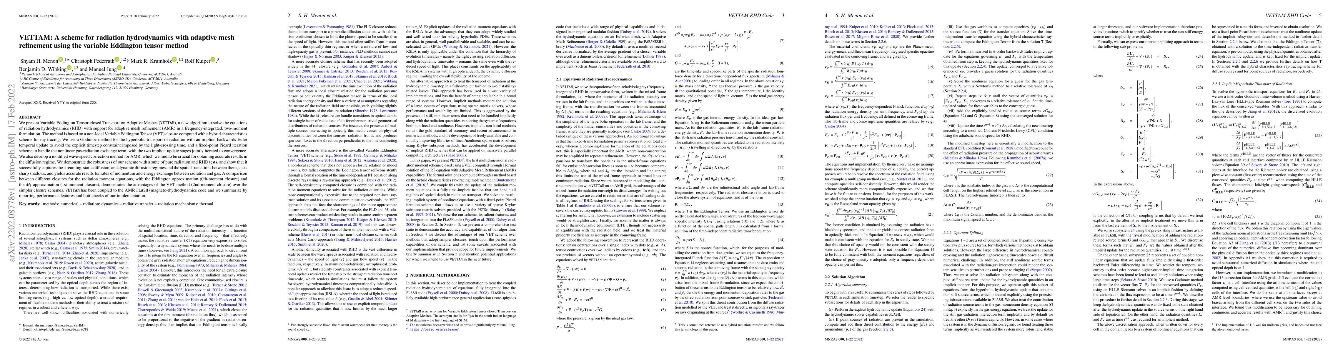 Thumbnail for VETTAM: A scheme for radiation hydrodynamics with adaptive mesh
  refinement using the variable Eddington tensor method