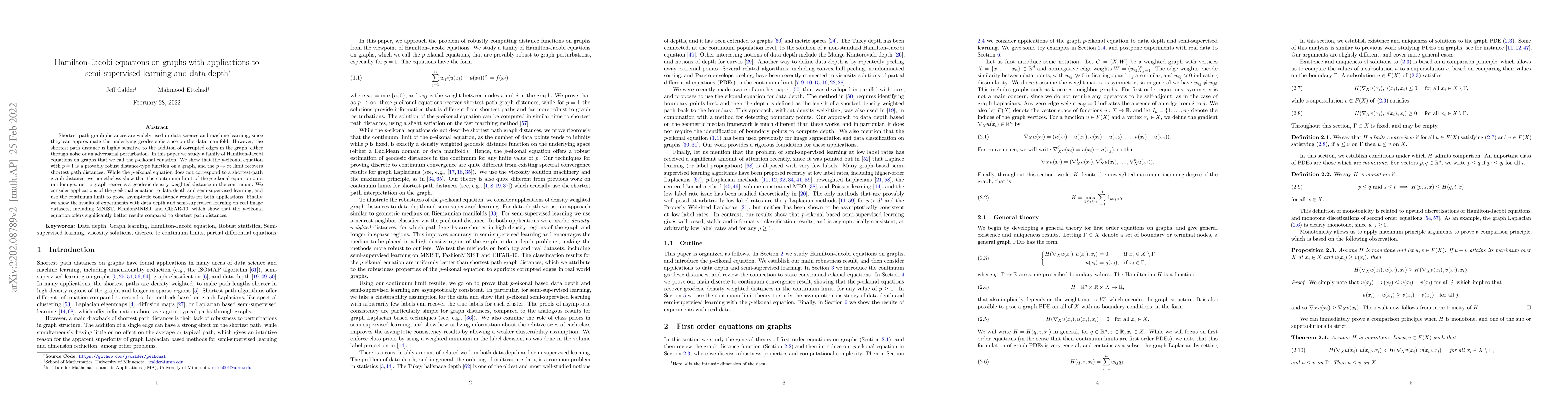 Thumbnail for Hamilton-Jacobi equations on graphs with applications to semi-supervised
  learning and data depth