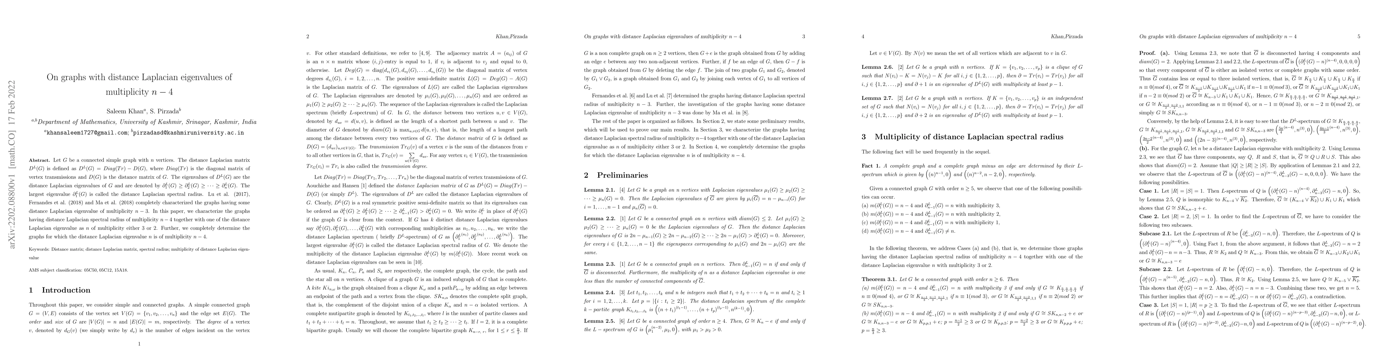 Thumbnail for On graphs with distance Laplacian eigenvalues of multiplicity $n-4$