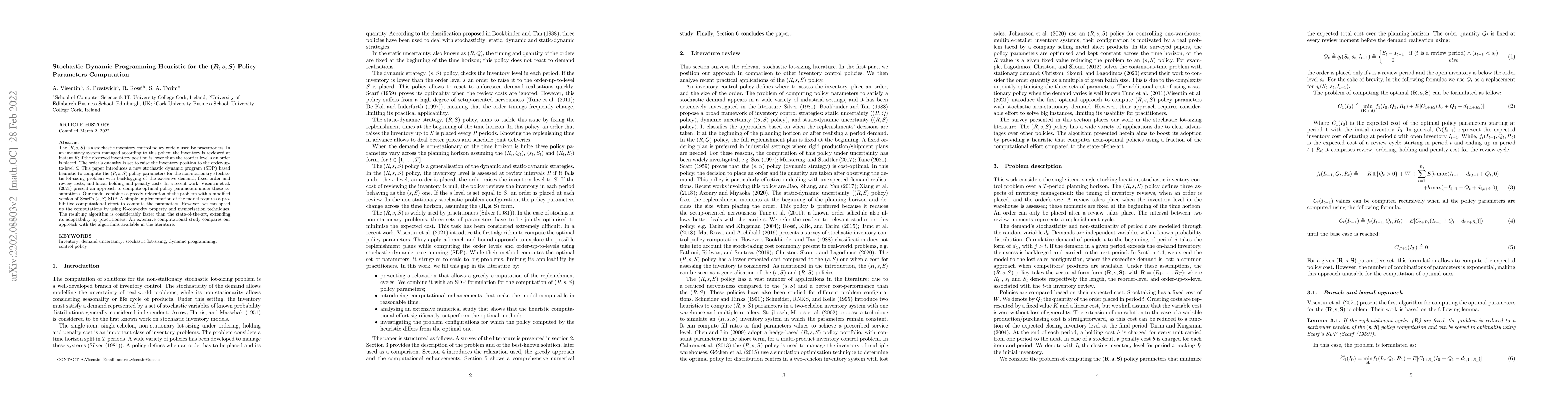 Thumbnail for Stochastic Dynamic Programming Heuristic for the (R, s, S) Policy
  Parameters Computation