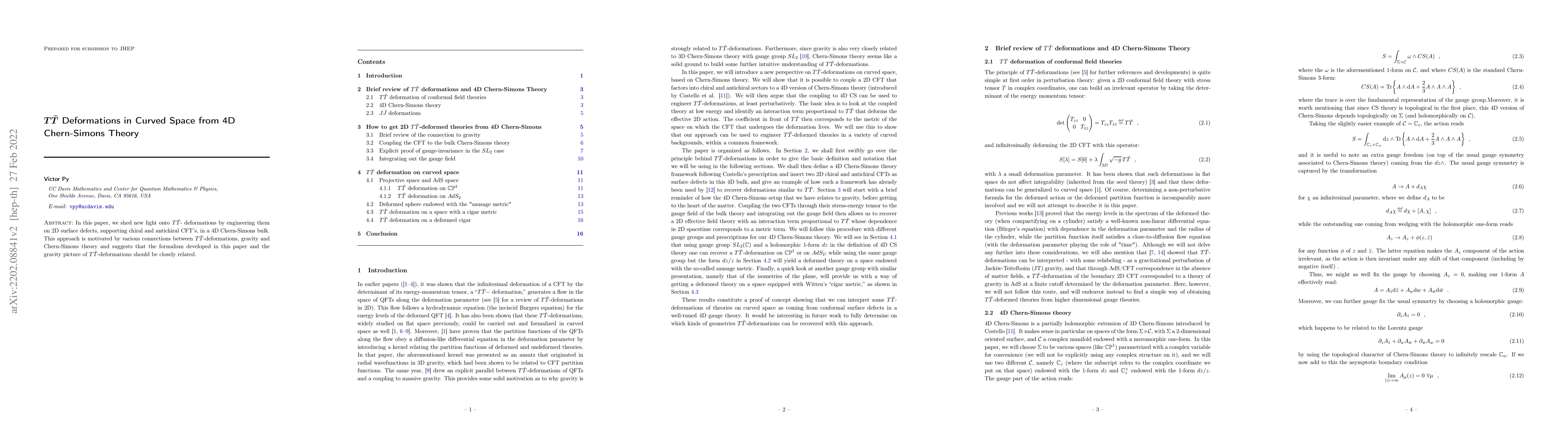 Thumbnail for $T\bar{T}$ Deformations in Curved Space from 4D Chern-Simons Theory