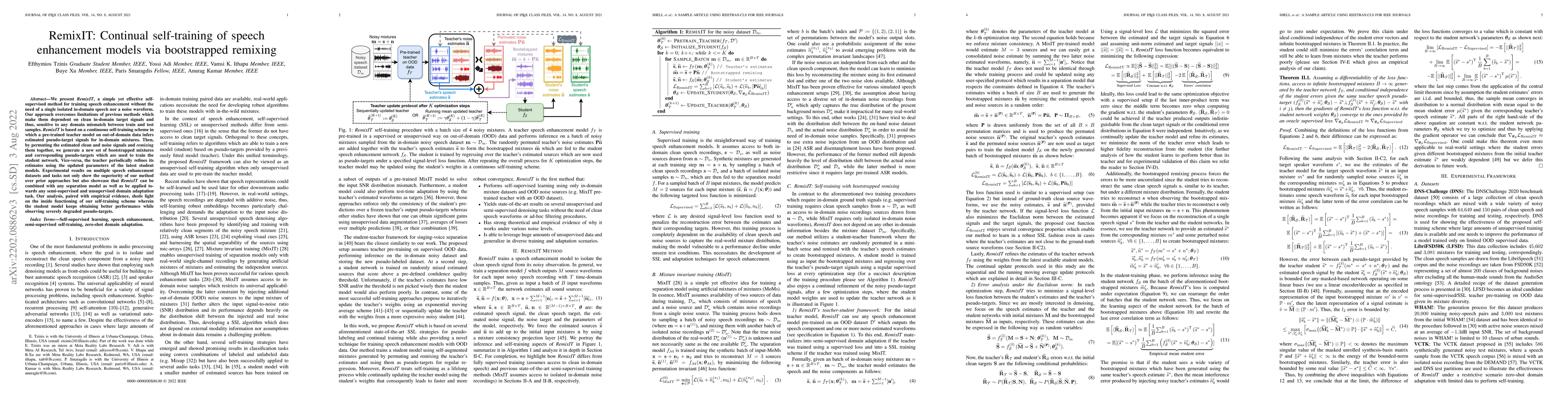 Thumbnail for RemixIT: Continual self-training of speech enhancement models via
  bootstrapped remixing