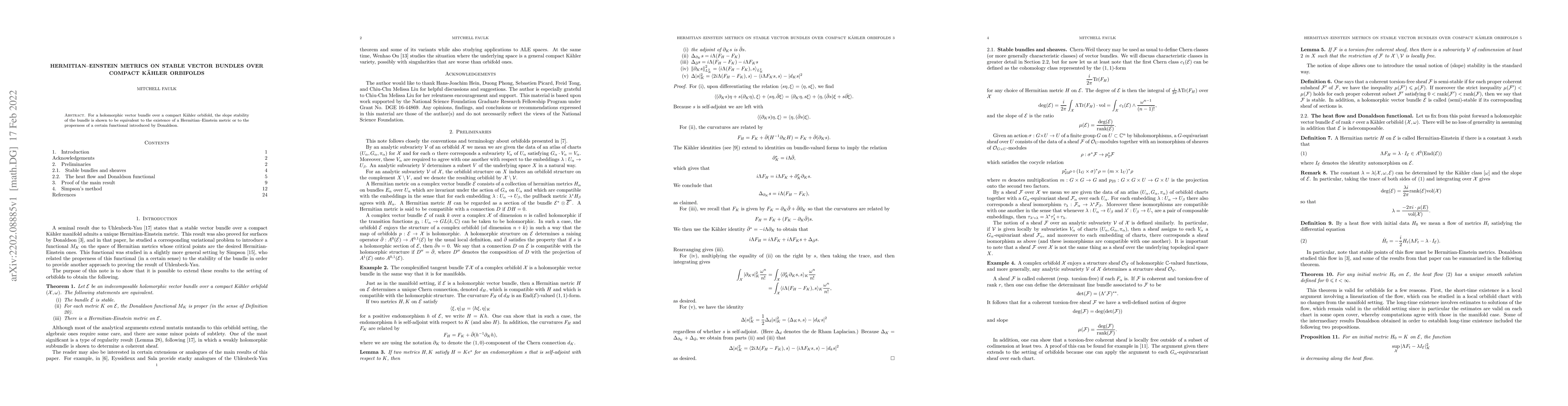 Thumbnail for Hermitian-Einstein metrics on stable vector bundles over compact
  K\"ahler orbifolds