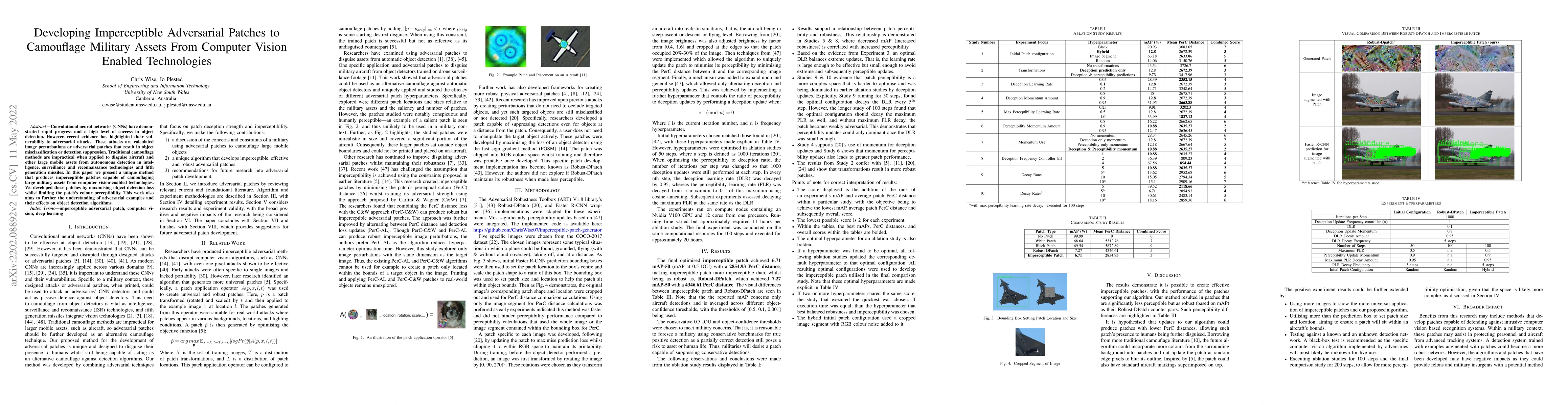 Thumbnail for Developing Imperceptible Adversarial Patches to Camouflage Military
  Assets From Computer Vision Enabled Technologies