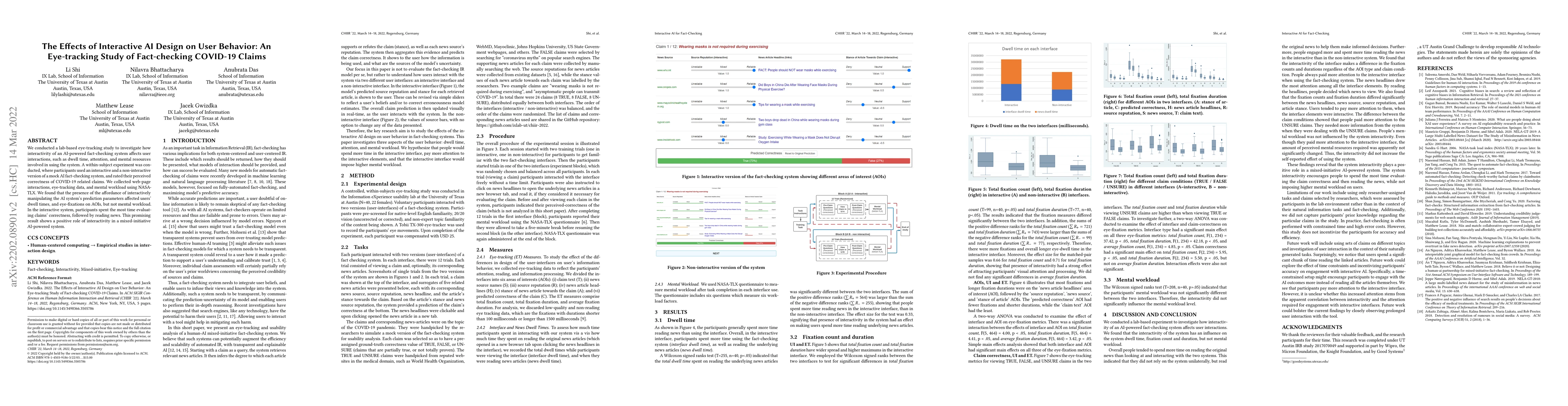 Thumbnail for The Effects of Interactive AI Design on User Behavior: An Eye-tracking
  Study of Fact-checking COVID-19 Claims