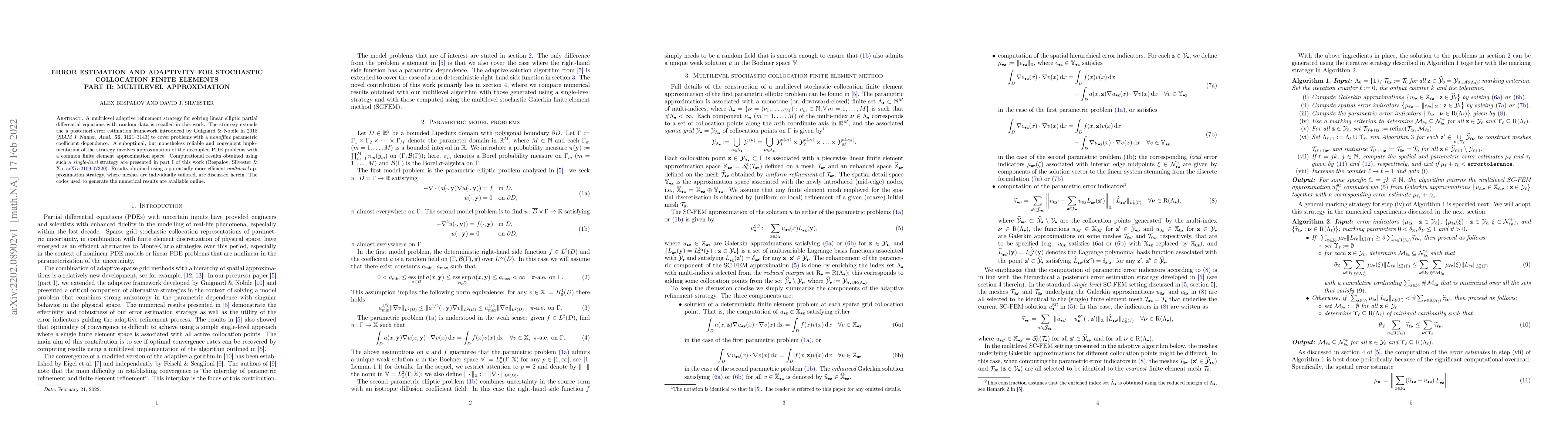 Thumbnail for Error estimation and adaptivity for stochastic collocation finite
  elements Part II: multilevel approximation