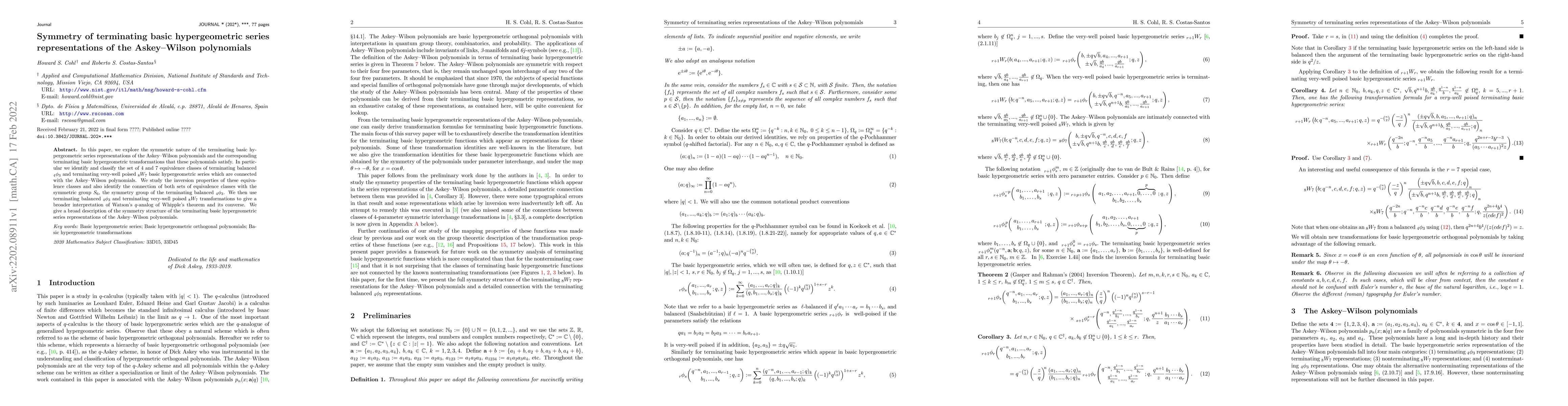 Thumbnail for Symmetry of terminating series representations of the Askey-Wilson
  polynomials