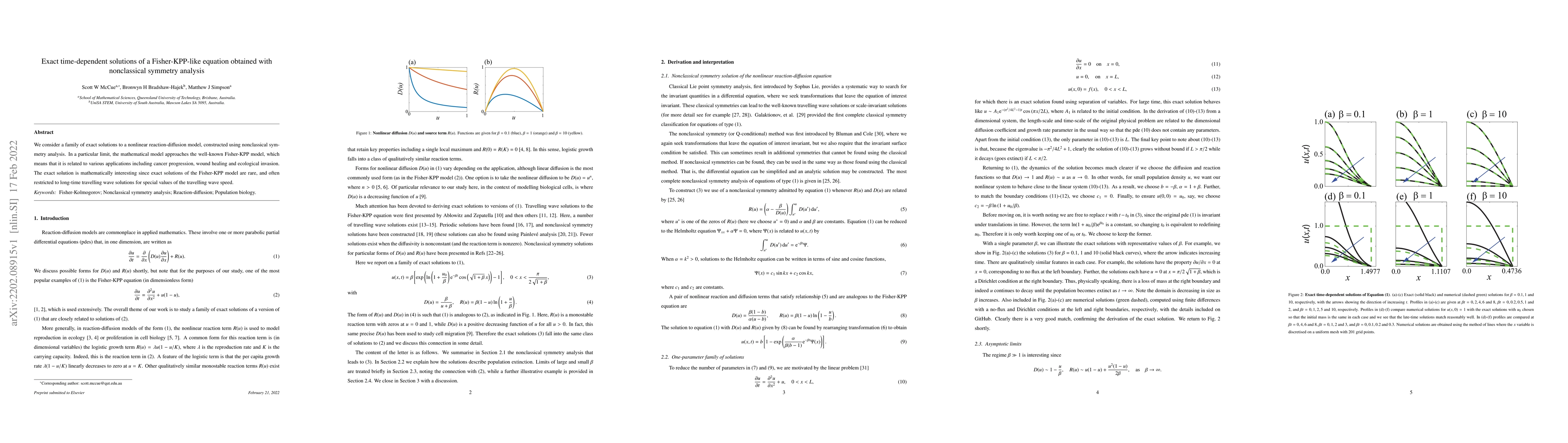 Thumbnail for Exact time-dependent solutions of a Fisher-KPP-like equation obtained
  with nonclassical symmetry analysis