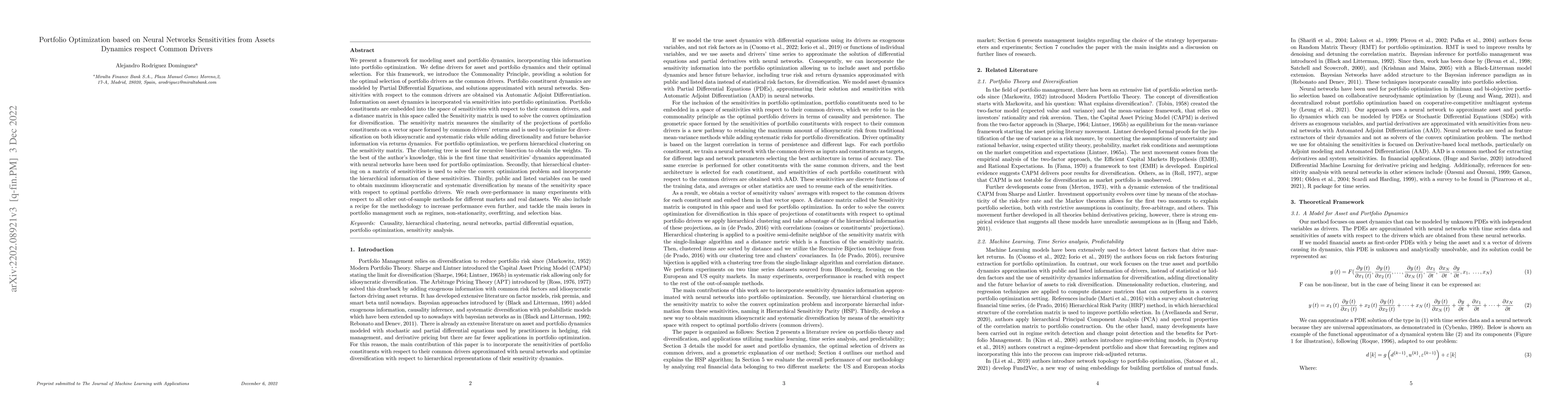 Thumbnail for Portfolio Optimization based on Neural Networks Sensitivities from
  Assets Dynamics respect Common Drivers