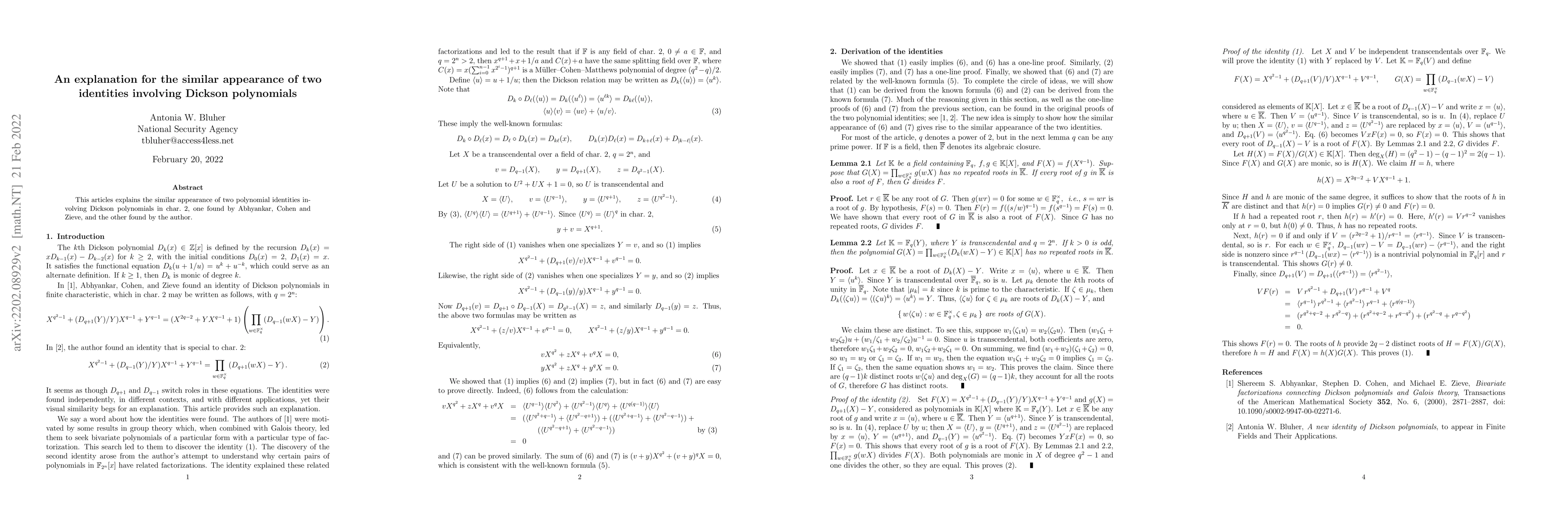 Thumbnail for An explanation for the similar appearance of two identities involving
  Dickson polynomials