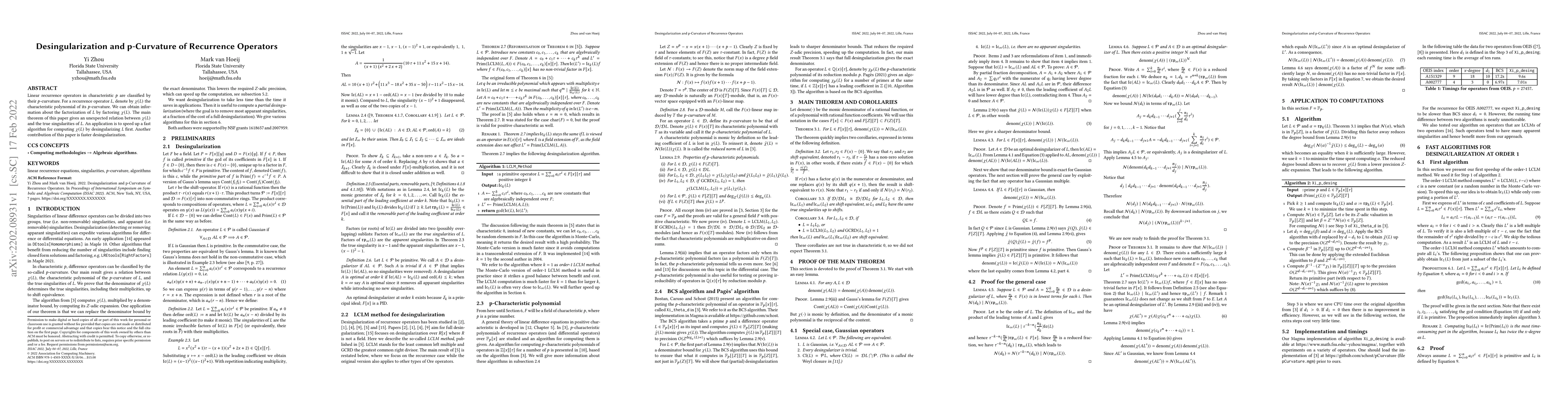 Thumbnail for Desingularization and p-Curvature of Recurrence Operators