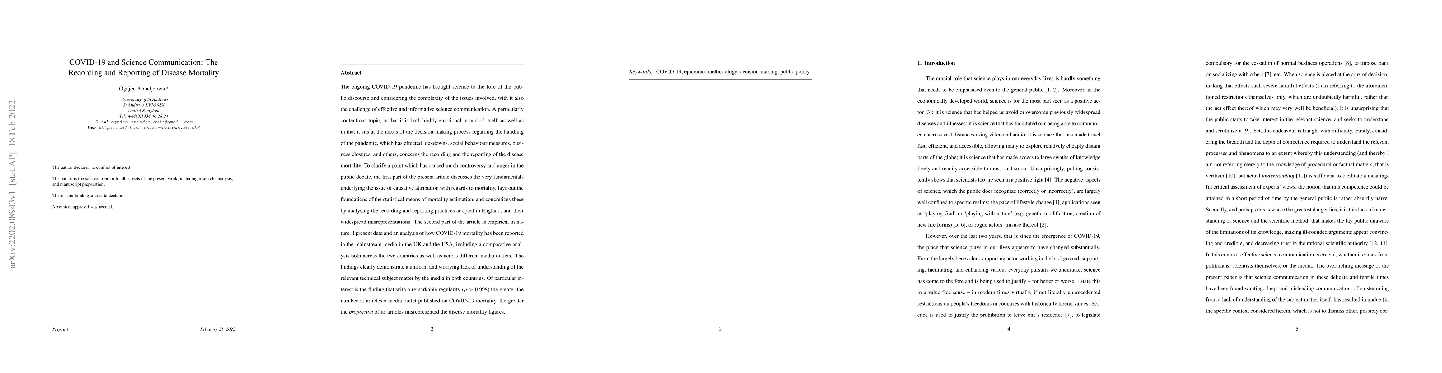 Thumbnail for COVID-19 and Science Communication: The Recording and Reporting of
  Disease Mortality
