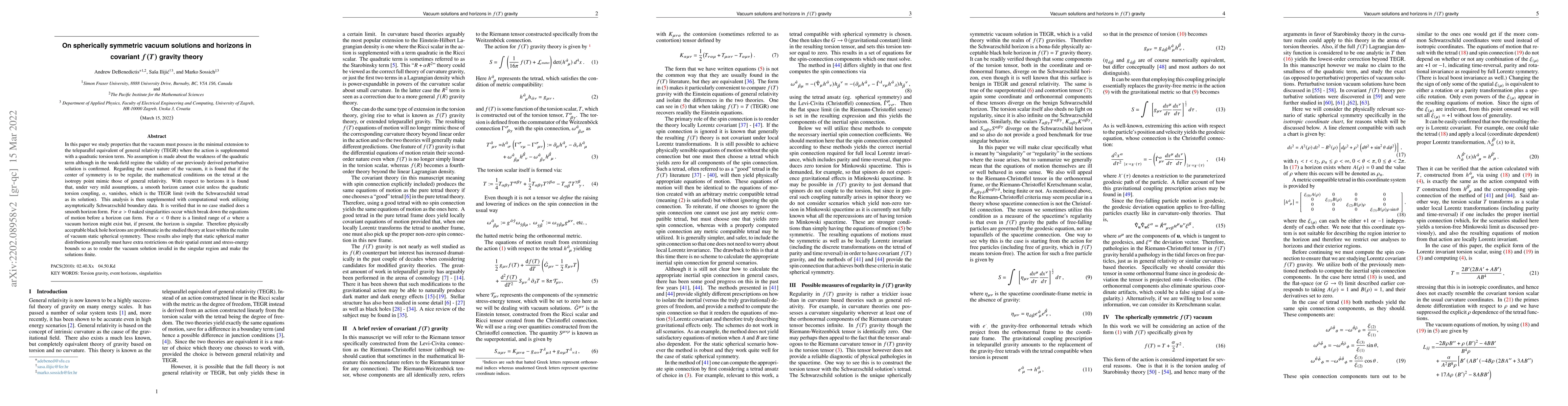 Thumbnail for On spherically symmetric vacuum solutions and horizons in covariant
  $f(T)$ gravity theory