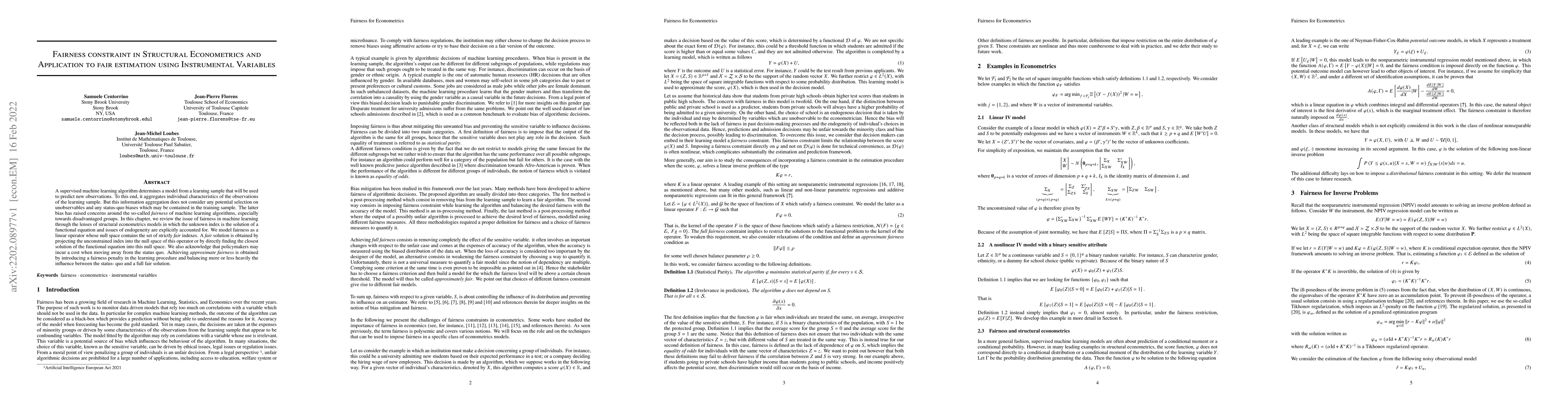 Thumbnail for Fairness constraint in Structural Econometrics and Application to fair
  estimation using Instrumental Variables