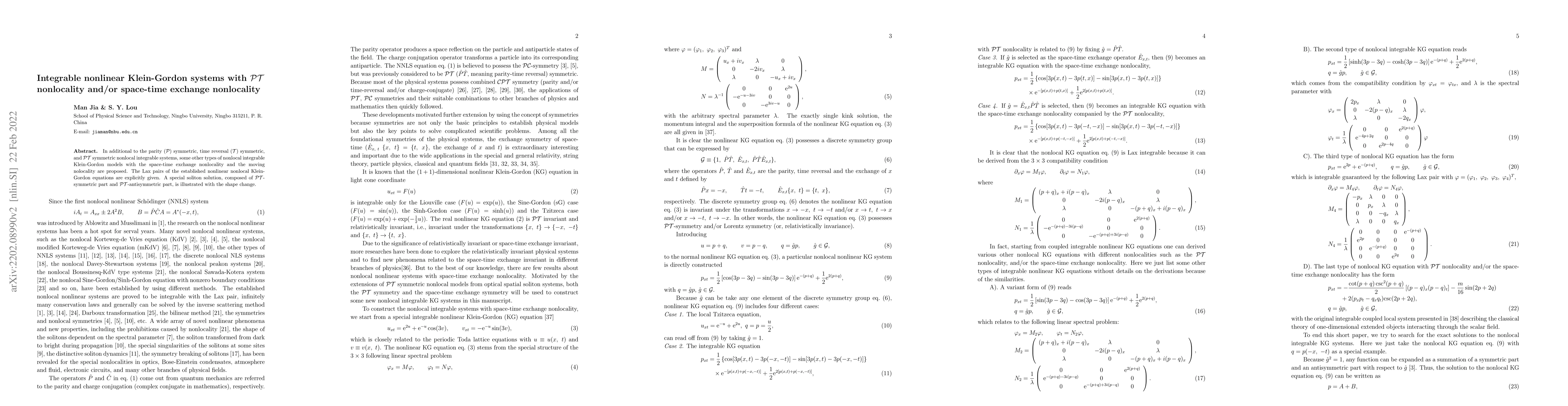 Thumbnail for Integrable nonlinear Klein-Gordon systems with $\mathcal{PT}$
  nonlocality and/or space-time exchange nonlocality