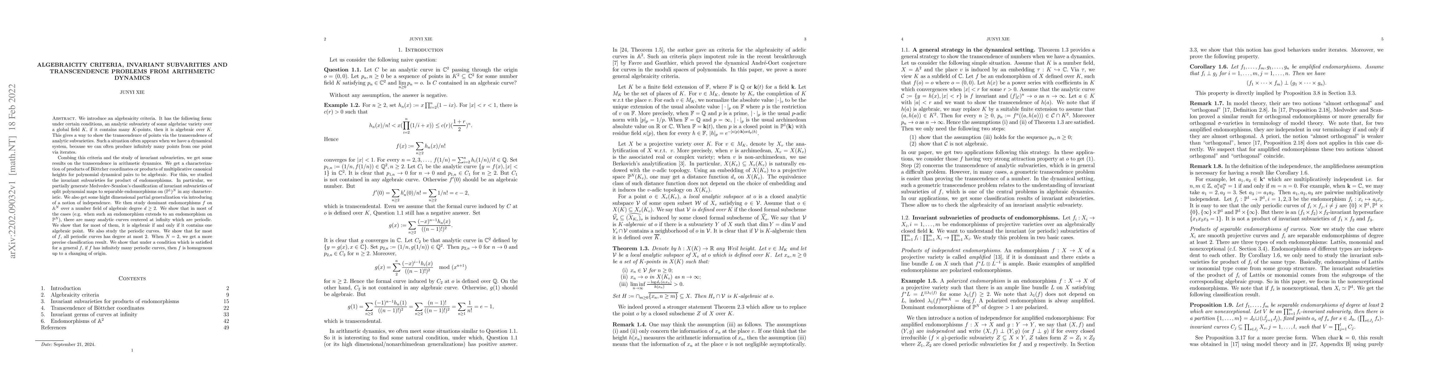 Thumbnail for Algebraicity criteria, invariant subvarities and transcendence problems
  from arithmetic dynamics