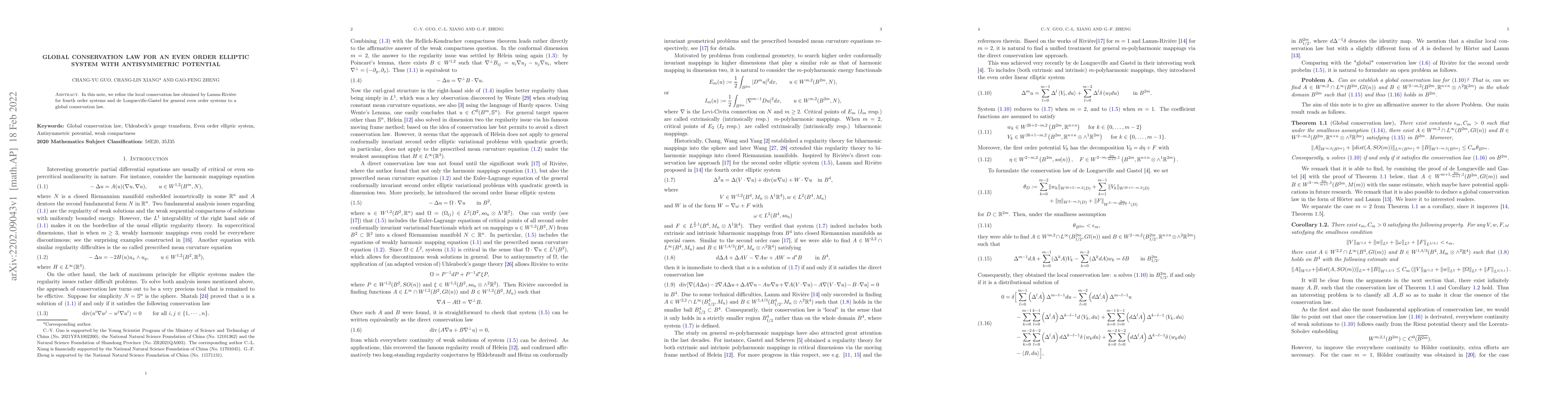 Thumbnail for Global conservation law for an even order elliptic system with
  antisymmetric potential