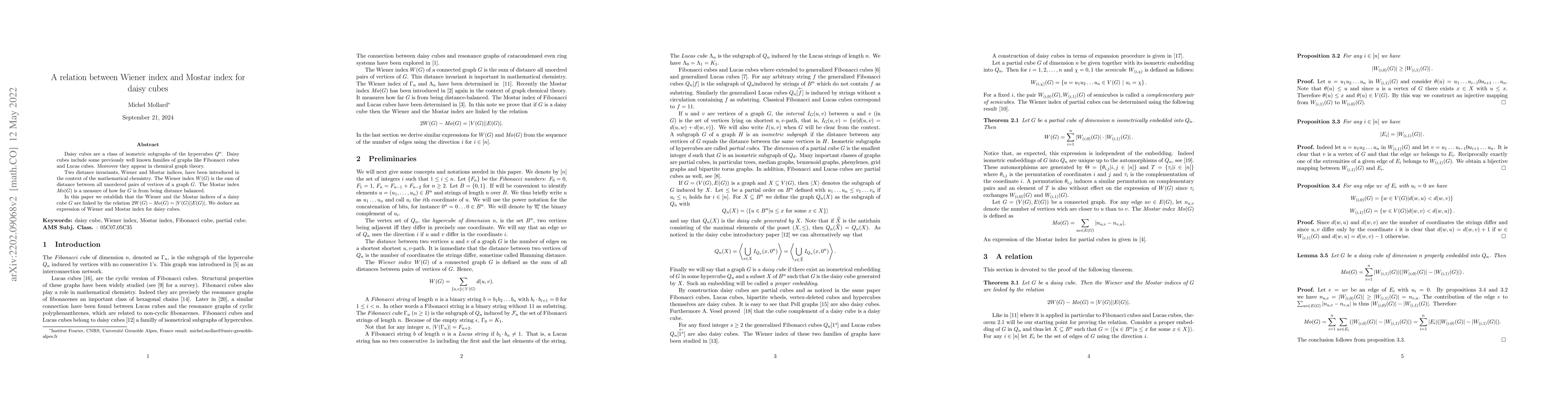 Thumbnail for A relation between Wiener index and Mostar index for daisy cubes