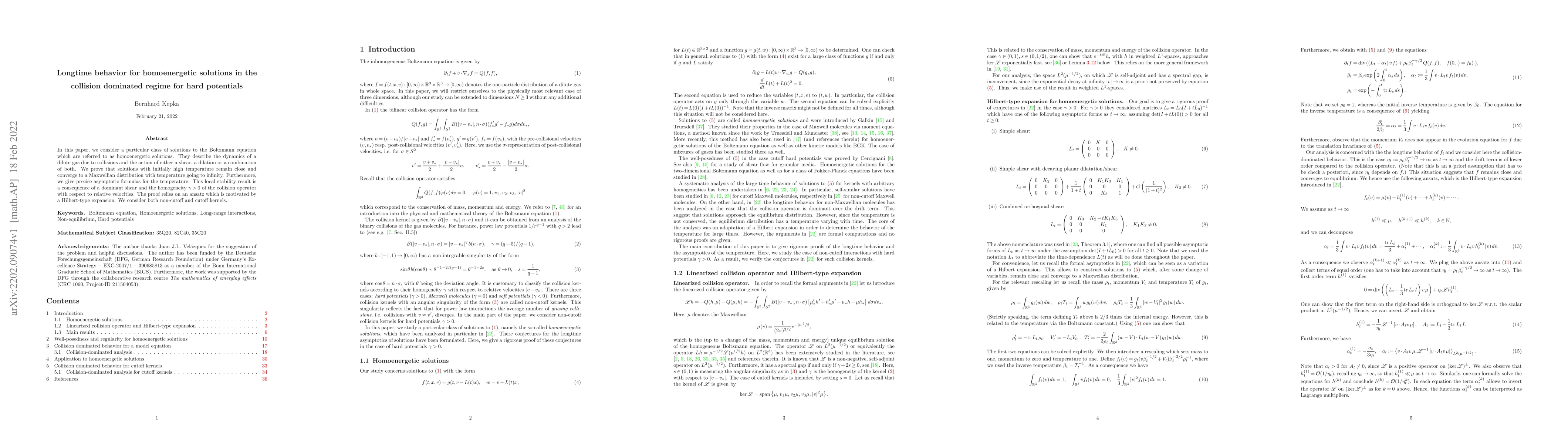 Thumbnail for Longtime behavior for homoenergetic solutions in the collision dominated
  regime for hard potentials
