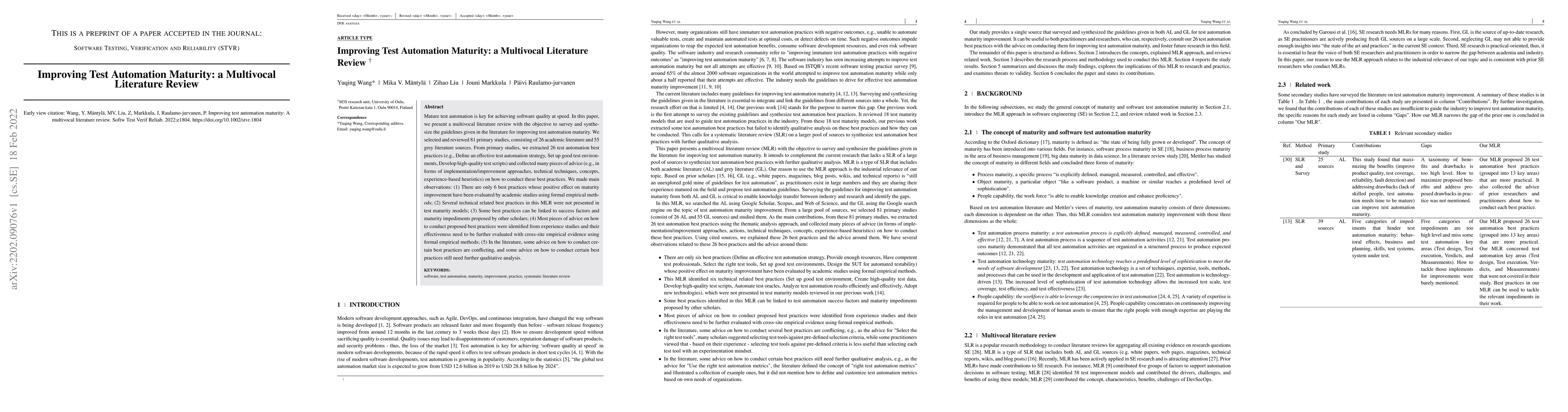Thumbnail for Improving Test Automation Maturity: a Multivocal Literature Review
