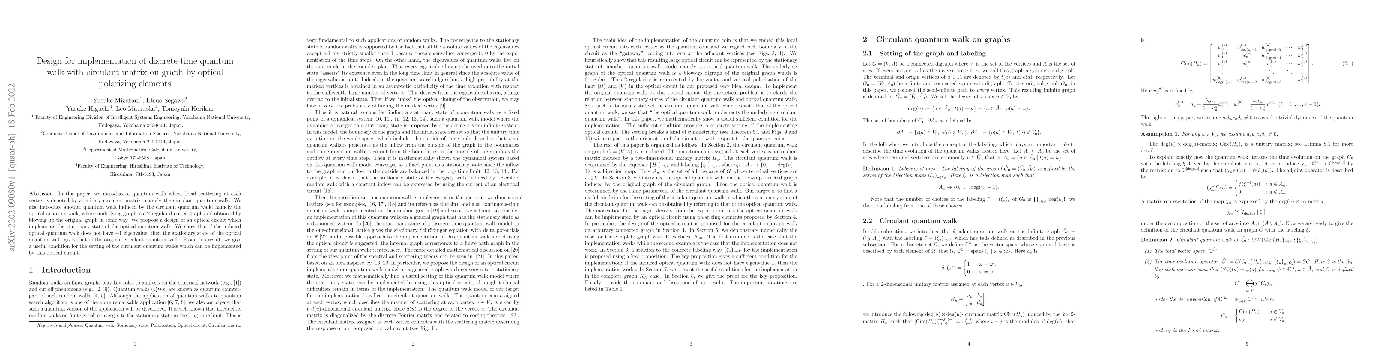 Thumbnail for Design for implementation of discrete-time quantum walk with circulant
  matrix on graph by optical polarizing elements