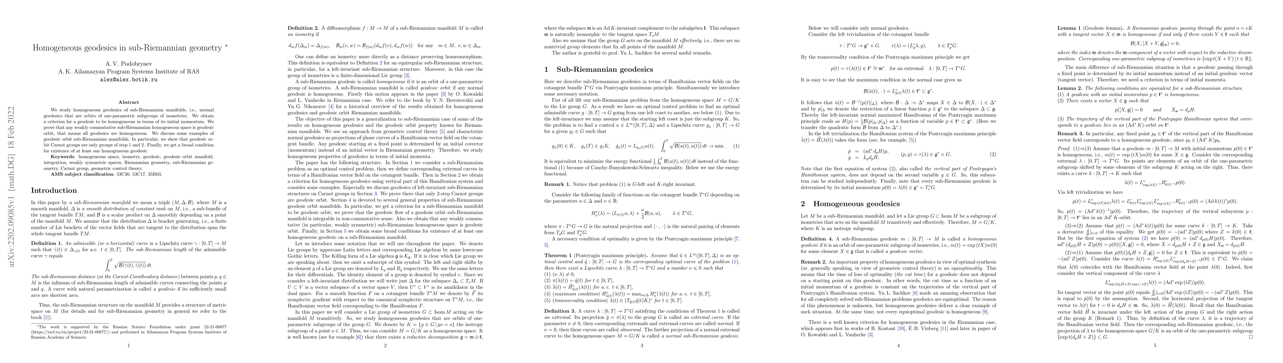 Thumbnail for Homogeneous geodesics in sub-Riemannian geometry