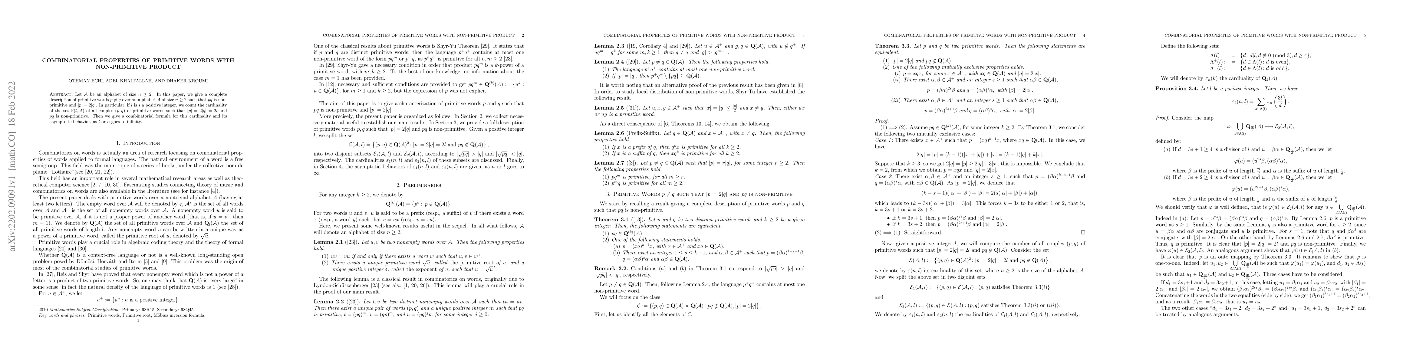 Thumbnail for Combinatorial Properties of primitive words with Non-primitive Product