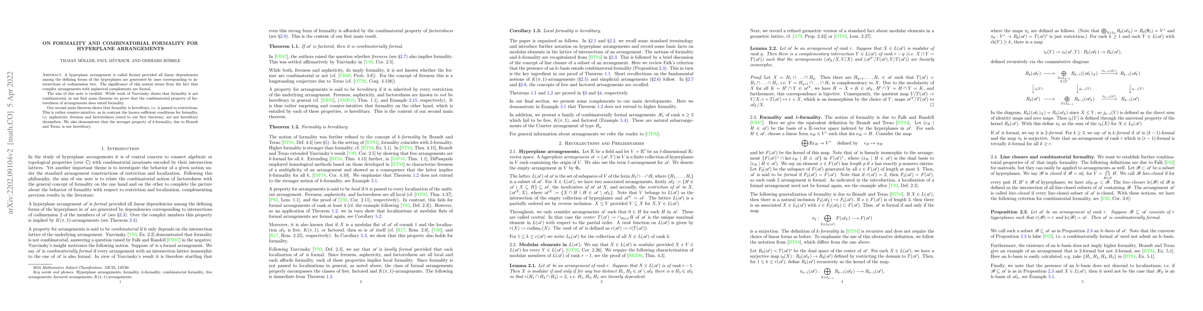 Thumbnail for On Formality and Combinatorial Formality for hyperplane arrangements