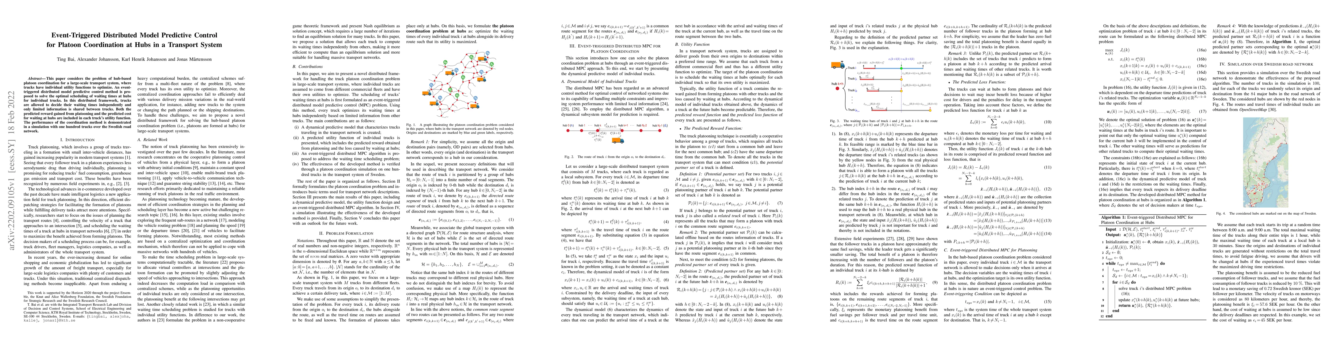 Thumbnail for Event-Triggered Distributed Model Predictive Control for Platoon
  Coordination at Hubs in a Transport System